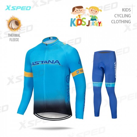 Set Wielershirt Lange Mouw + Fietsbroek Lang 2020 Astana Pro Team Kids N001